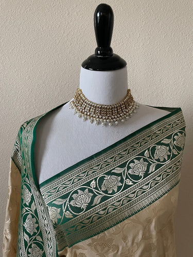 Banarasi Katan Silk Saree with Contrast Border | Cream & Dark Green | Handwoven | Silk Mark | Ships from California